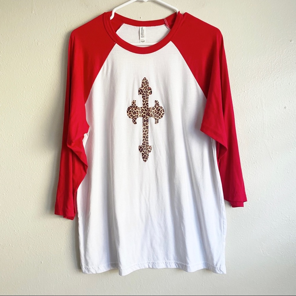 Bella Canvas Red White Raglan Animal Print Cross Tshirt Size Large